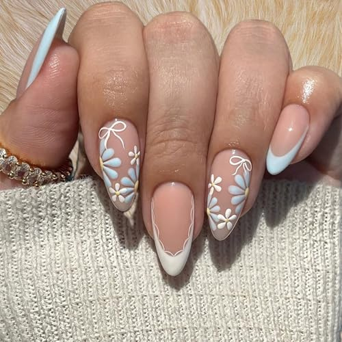 Mandel-Daisy Press-On NäGel Mit Weiß-Blauer French-Spitze, VollstäNdig Bedeckte GläNzende KunstnäGel Mit FrüHlings- Und Sommermotiven, Diy ManiküRe-Dekorationen FüR Frauen