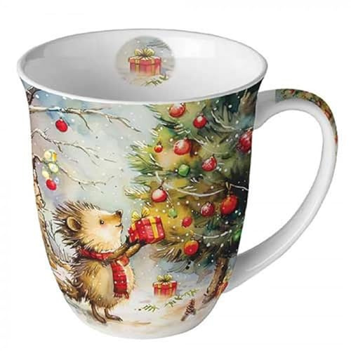 Tasse Kaffeetasse Teetasse Becher Mug 0,4 l Fine Bone China Porzellantasse Weihnachten Advent (Igel mit einem Geschenk)