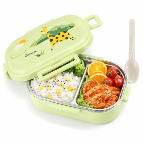 Pissente 650ml Thermal Lunch Box Insulated Food Container with Spoon, Stainless Steel Insulated Lunch Box, Compartment Design, Silicone Sealing Circle (Pure Green - Giraffe)