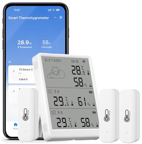 WiFi Smart Thermometer Hygrometer: Digital Indoor Temperature Humidity Monitor with 3 Wireless Sensors Kit, Room Temperature Sensor with App Alerts, Data Storage and Export, Compatible with Alexa