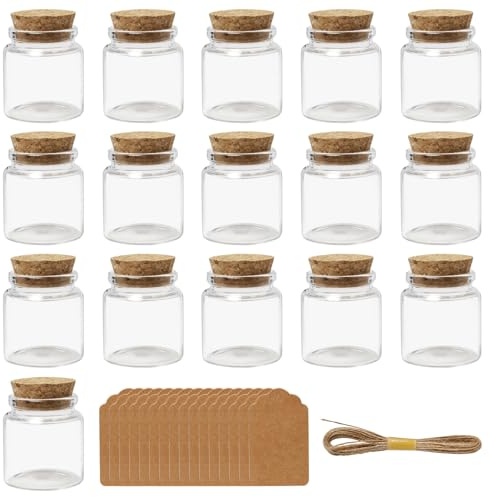 Sixfolo 50ml Kleine Glasflaschen mit Korken 16 Stück,Breiter Hals | Mini gläser mit deckel zum Befüllen,Leere Flaschen Klein mit Kraftpapier Hanfseil für DIY Dekor,Hochzeit und Gewürzglas