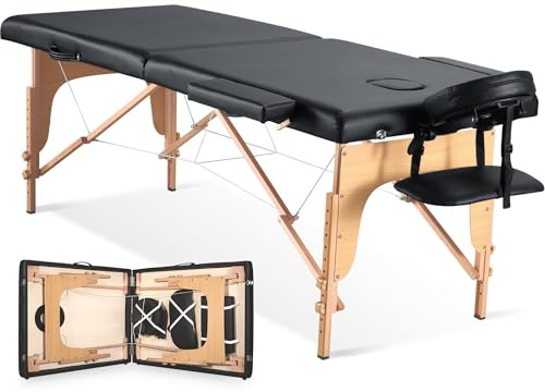 BODIOO Massageliege klappbar Mobile Massagetisch mit Holzfüßen 2-Zonen höhenverstellbar Tragebares Massagebett inkl. Kopfstütze & Armlehnen bis 250 kg Belastbar-Schwarz