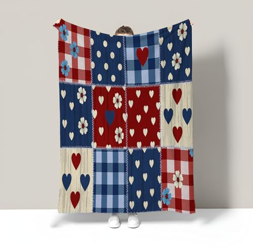 Manta De Patchwork De Cuadros 150X200Cm, Floral Estilo Campestre Mantas Suave De Franela, Mantas De Cama Mullida Acogedora para Sofá Decoración para Cualquier Temporada, Azul Marino, 150X200Cm