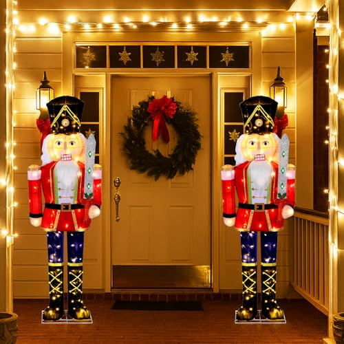 GYMAX 157cm Casse-Noisette de Noël Lumineux, Décoration Noel Extérieur Intérieur, avec 100 Lumières LED Blanc Chaud, Grande Figurine Décoratif pour Nuit