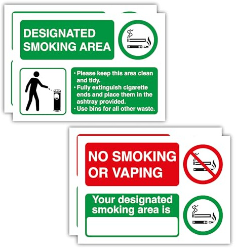 Confezione da 4 cartelli designati per area fumatori e divieto di fumare o vaping (148 x 210 mm, formato A5) - Etichette autoadesive in vinile e adesivi per luoghi di lavoro, esterni e aree pubbliche