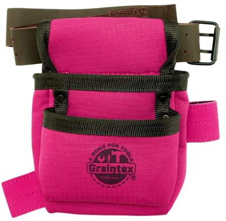 Graintex 2 Pocket Children Tool Pouch, Ripstop Canvas Double Layered, Leather Trims, Kid's Real Tool Bag, Boys and Girls Tool Belt for Home Improvement, 1.1/2 Leather Belt, Hammer Loop - Pink