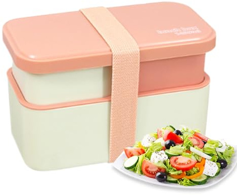 Lonchera para adultos, 1450 ml, a prueba de fugas, apta para microondas, contenedor de alimentos de 2 niveles con juego de utensilios extraíbles y correa de sellado, para aperitivos, trabajo