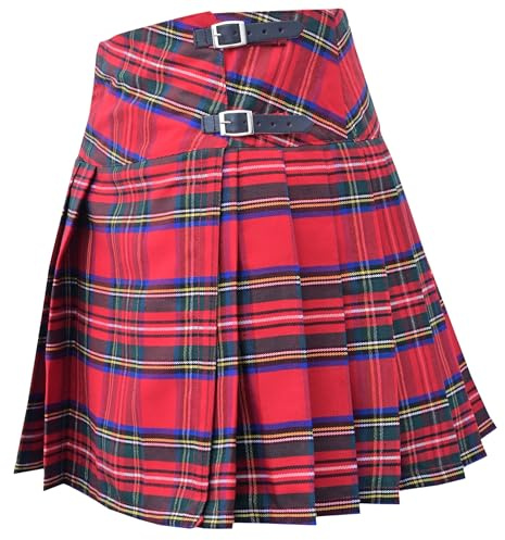 Traditional Women's Tartan Mini Kilt Skirt – Scottish Plaid Billie Skirt with Adjustable Leather Buckle Straps – Pleated P.V. Tartan Design for Ladies (Royal Stewart, 16)