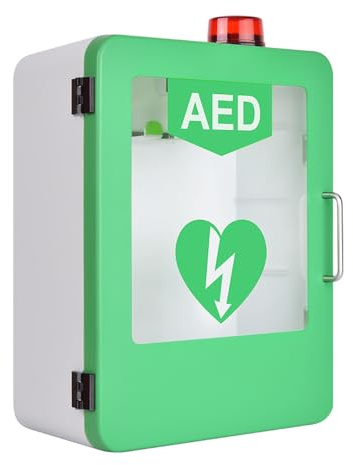 Armadietto per defibrillatore AED, Scatola di allarme DAE con angolo arrotondato da parete maniglia in acciaio inossidabile, finestra in vetro trasparente, doppio interruttore controllo