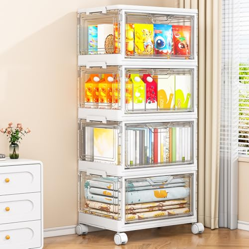 StowBin 28L Storage Boxes with Lid,Plastic | Storage Bins with 1 Lid,4Tier Stackable Storage with Wheels,Large Bins Organizer for Bedroom Living Room Bathroom, Clear