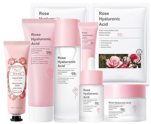 Skin Care Set tonåring flickor – Skincare Set – Rose hyaluronic Acid Hudvård Skönhet Present – Fukt & Anti-Aging – Presentset kvinnor – Cleanser Toner Serum Cream Ögonkräm Mask