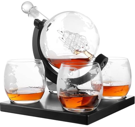 Ghligna Whiskey Decanter Set, 800ml Globe Decanter with 4 250ml Glasses, Whiskey Gift Sets for Men, Whisky Gift Set