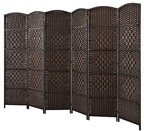 LIFEZEAL 6-teiliger Paravent, 271 x 180 cm Faltbar Raumteiler, Handgewebter Rattan-Trennwand mit Holzrahmen, Sichtschutz Raumtrenner Room Divider für Büro & Wohnzimmer (Braun)