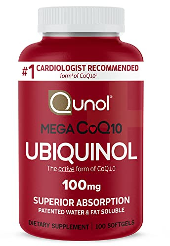 Qunol Mega Ubiquinol 100mg CoQ10, Superior Absorption, Patented Water and Fat Soluble Natural Supplement Form of Coenzyme Q10, Antioxidant for Heart Health, 100 Count Softgels