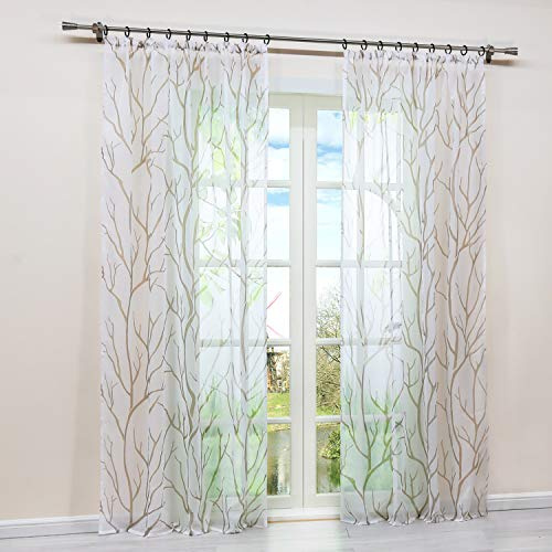 HongYa Gardine Transparent aus Voile mit Kräuselband und Zweigmuster | Weiß-Sand, H/B 225/140 cm, 1 Stück, lichtdurchlässig, pflegeleicht, weich fallend, für Wohnzimmer und Schlafzimmer