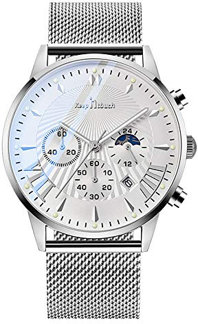 Armbanduhr für Herren, wasserdicht, multifunktional, mit speziellem Effekt aus Glas mit Blu-Ray-Zifferblatt, Business-Uhr, Chronograph und Kalender, Edelstahl-Armband