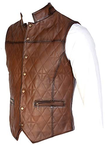 Chaleco de piel de cordero 100 % para hombre, chaleco de cuero marrón, chaleco de cuero negro, chaleco de piel de oveja suave, ajuste entallado, marrón, L