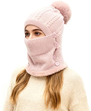TAGVO Winter Warm Strickmütze&Halswärmer-Sets, Flexible Strickmütze mit Haarball, weiches, dickes Fleece gefüttert, verstellbare Gesichtsmaske für Frauen für Outdoor-Sportarten, Wintergeschenk