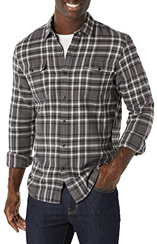 Amazon Essentials Camisas de Franela de Manga Larga y Corte Ajustado con Dos Bolsillos Hombre, Gris Cuadros Escoceses, M