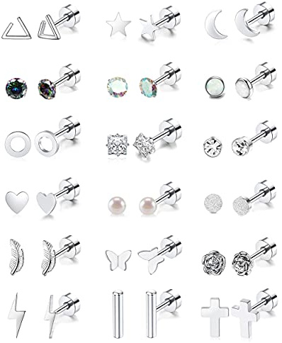 18 Pairs Cartilage Stud Earrings Set for Women Men Star Triangle Moon Heart Disc Ball CZ Small Stainless Steel Geometric Barbell Flatback Piercing (Silver)