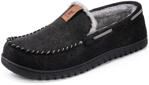 VeraCosy Men's Classic Moccasin Slippers Soft Faux Suede Memory Foam Closed-back Indoor House Shoes Black, 9 UK