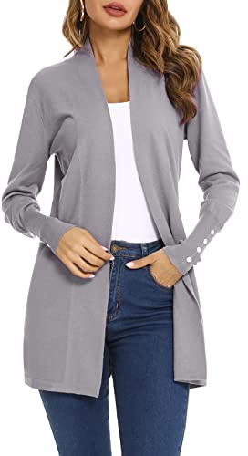 Irevial Donna Lungo Elegante a Maniche Lunghe Leggero Cardigan Lavorato in Maglia Senza Chiusura Tinta Unita Maglione, Grigio, M