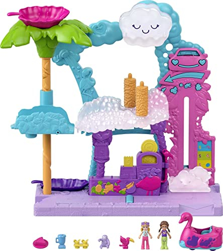 Polly Pocket HHJ05 - Pollyville Flamingo-Spaß Auto-Waschanlage, Spielset mit 2 Puppen, 2 Tier-Figuren, 1 Flamingo-Fahrzeug mit Farbwechsel-Effekt und Zubehör, Spielzeug für Kinder ab 4 Jahren