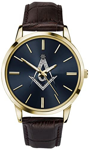 Sekonda Herren-Armbanduhr mit Freimaurer-Motiv, analog, Quarz, goldfarbenes Gehäuse, blaues Zifferblatt, braunes Lederarmband 90095