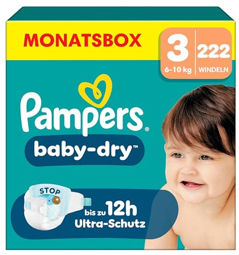 Pampers Baby-Dry, Taille 3, 222 Couches, 6-10kg, Une nuit jusqu'à 100% sans fuites avec la Poche Stop & Protect à l’arrière de la couche, Pack 1 Mois