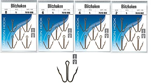 Set 2 Packungen Jenzi Blitzhaken Größe 2 4 6 8, 10 Stück Zander Hecht Schluckhaken Zwillingshaken scharf Raubfisch (Mix Hakengöße 2, 4, 6, 8 je 5 Stück)