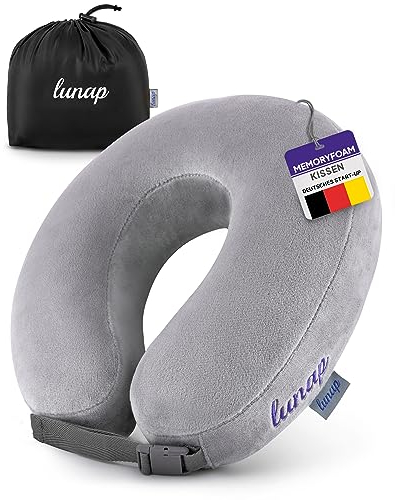 lunap Reisekissen Flugzeug | Nackenkissen Memory Foam flauschig + waschbar | Nackenhörnchen Erwachsene | Nackenkissen Flugzeug, Auto | Travel Pillow Neck GRAU | Flugzeug Kissen Flugzeug