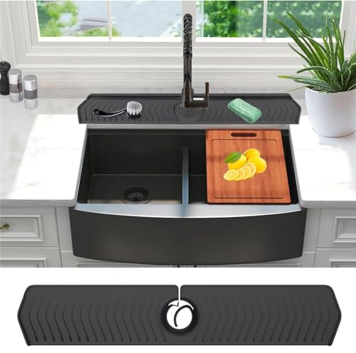 Large Size Kitchen Sink Splash Guard, 30Silicone Faucet Handle Drip Catcher Tray Mat for for Kitchen Countertop, Bathroom, Farmhouse (Black, 30 x 5.7)