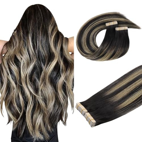 DOORES Tape Extensions Echthaar 50cm 40pcs Schwarz-Hellblond Balayage | 100g Echtes Remy Glatt Tape In Extensions, Unsichtbar, Nahtlose Skin Weft FÜR Frauen, Alltagstauglich, Glatt #1B/19/1B