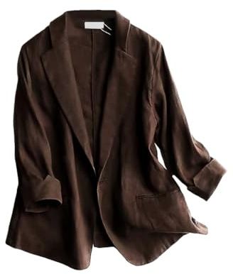 IDEALSANXUN bomullslinne blazer kvinnor 3/4 ärm lätta blazers business casual kostymjackor, 1-kaffe, L