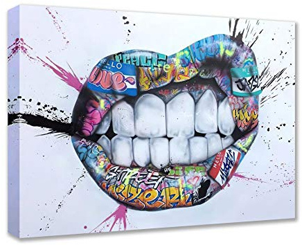 Banksy Lippen Gemälde Zähne Graffiti Pop Bilder Graffiti Straßenkunst Kunstwerk abstraktes Herz Wandkunst 1 Paneele Drucke auf Leinwand Mann Zimmer Hausdekoration gerahmt fertig zum Aufhängen (91,4 cm