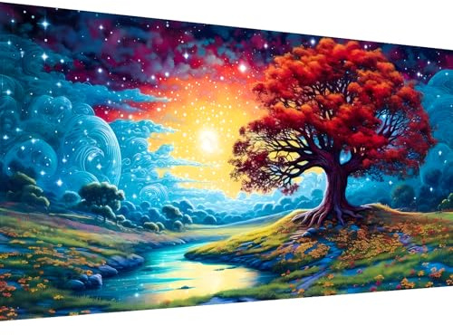 Hjjdiyes Dipingere con i Numeri Adulti Paesaggio 90 X 40 Cm - Set Fai da Te Adulti Dipingere con i Numeri Grande XXL Fiori Acqua Dipinto a Mano Olio su Tela Kit, Tela Senza Rughe (Albero della Luna)