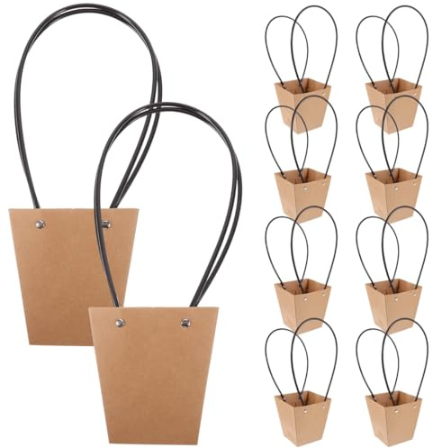 10st Kraftpapier Geschenktüten mit Blumenstrauß Geschenktüten Blumentopf aus Papier Papiertaschen mit Henkel für Geburtstag Halloween Weihnachten