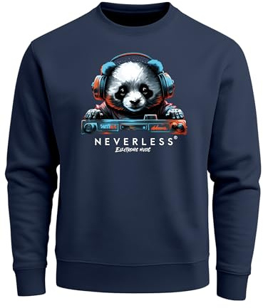 Neverless® Sweatshirt Herren Aufdruck Panda Bär Techno DJ Musik Rundhals-Pullover Fashion Streetwear Navy XL