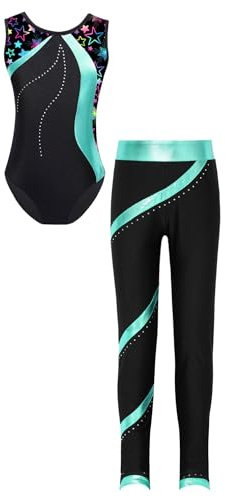 Agoky Ärmlös gymnastikdräkt för flickor, metallisk randig body med långa byxor, leggings, sport, tvådelad balett, dans, träningskläder, Blågrön C, 134-140