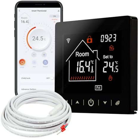 Termostato Ambiente Mi-Heat M2 WLAN Negro - Alexa Tuya Smart Life Google Home eléctrico calefacción por Suelo Radiante Termostato Ambiente Inteligente Apagado temporizado de la Pantalla