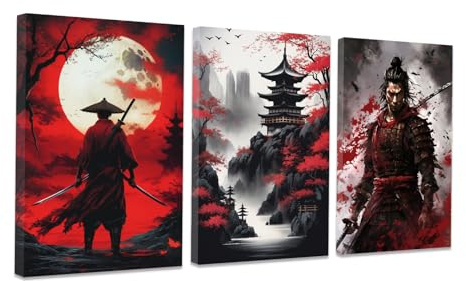CCWACPP 3 pièces d'art mural japonais Samurai Peinture sur toile Impression de figure de guerrier Bushido Affiches Thème de la culture japonaise Oeuvre d'art pour décoration de la maison et de la