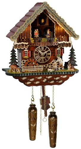 Trenkle Quarz Kuckucksuhr Schwarzwaldhaus mit beweglichem Holzhacker und Mühlrad, mit Musik und Beleuchtung