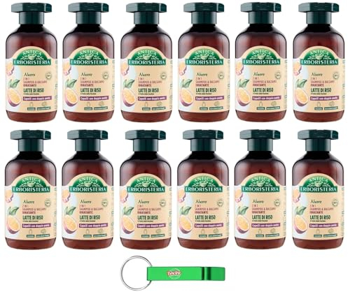 12 x Antica Kräuterboristeria feuchtigkeitsspendendes Shampoo Reismilch, Shampoo und Spülung für Haare mit doppelten Spitzen mit natürlichen Inhaltsstoffen, Flaschen à 225 ml + Schlüsselanhänger Beni