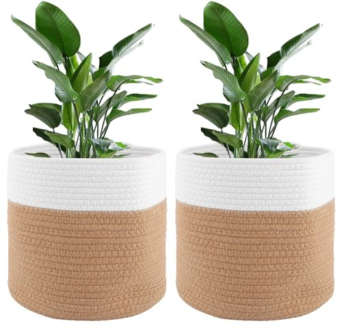 LDXDRU 2er-Pack 25cm Blumentopf Geflochten, Übertopf Korb für Zimmerpflanzen, Kleine Wäschekorb Geflochten für Wäsche Kissen Decken Spielzeug 25CMx25CM