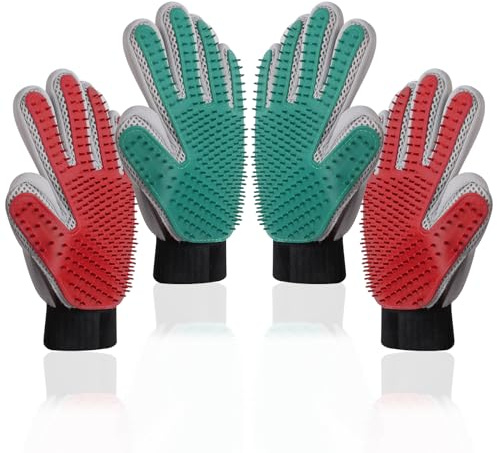 Nicola 4 Pcs Cat Grooming Glove, Dog Grooming Glove, Cat Brush Glove for Long/Short Hair, Pet Grooming Gloves for Cats and Dogs, Cat Grooming Brush Gloves (Red-Green)