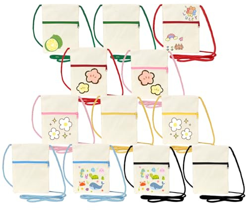 BEIMEIII 12 Stück Taschen zum Bemalen für Kinder Baumwolltasche Bunt 18 * 12cm Beutel zum Bemalen Umhängegeldbeutel Kinder Stofftaschen zum Bemalen Brustbeutel für Kindergeburtstag Party