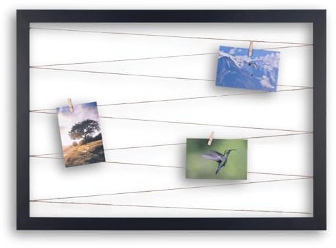 CLAMARO Collage Line Fotoleinenhalter, Schwarz Matt, 60 x 40 cm, Querformat | Juteband-Fotoleine, 20 Holzklammern aus Echtholz, MDF-Rahmen 30 mm breit, Metall-Wandaufhänger, für Fotocollagen und Wanddeko