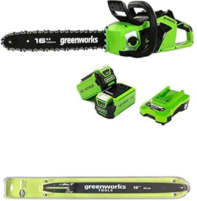 Greenworks Akku Kettensäge mit bürstenlosem Motor, 40 cm Blattlänge, zwei 40V 2Ah Akkus & Ladegerät + Greenworks 40cm Führungsschiene für Kettensäge