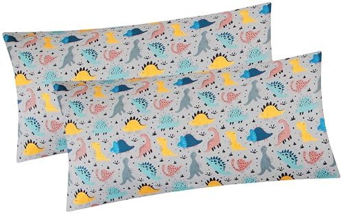 2er Set Kissenbezug 40x80 cm - Dinos, Dinosaurier (KY-Dino-Grau-40x80) | Renforcé 100% Baumwolle - Kopfkissen-Bezug, Kissenhülle, Dekokissenbezug für Kinder, Reißverschluss