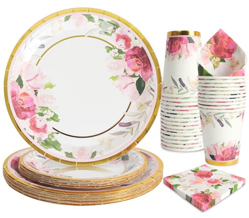 PARTY GO 96 Pcs Paper Plates for Dinner and Dessert, Flowers Red Disposable Plates Party Supplies Pack for Theme Party Decorations